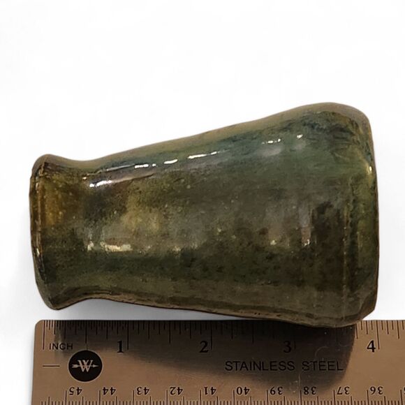Ceramic Handmade Pottery Bud Vase Brown Blue-Green Glaze, Signed KC, 4" x 2.5" - Picture 3 of 5